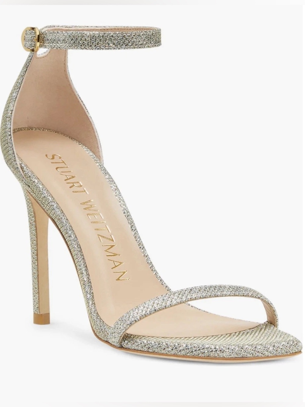 Stuart Weitzman Nudistcurve Silver Sparkle Ankle Strap Sandal size 9